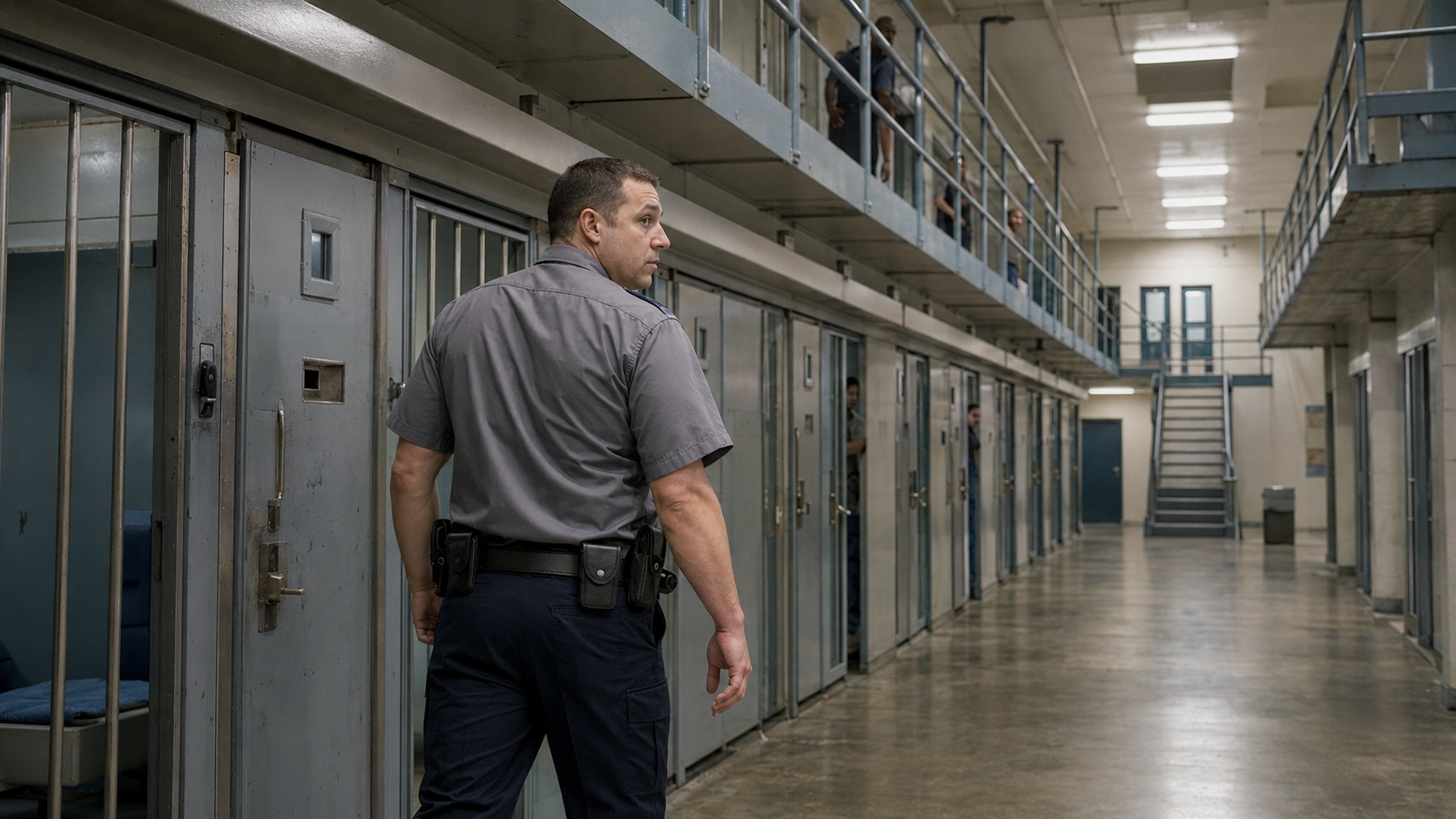 Correctional officer maintaining awareness while conducting rounds in a two-tier housing unit.