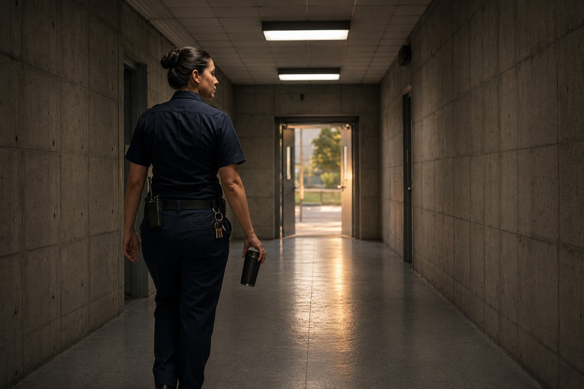 Correctional officer carrying coffee and walking toward daylight at the end of a difficult shift.