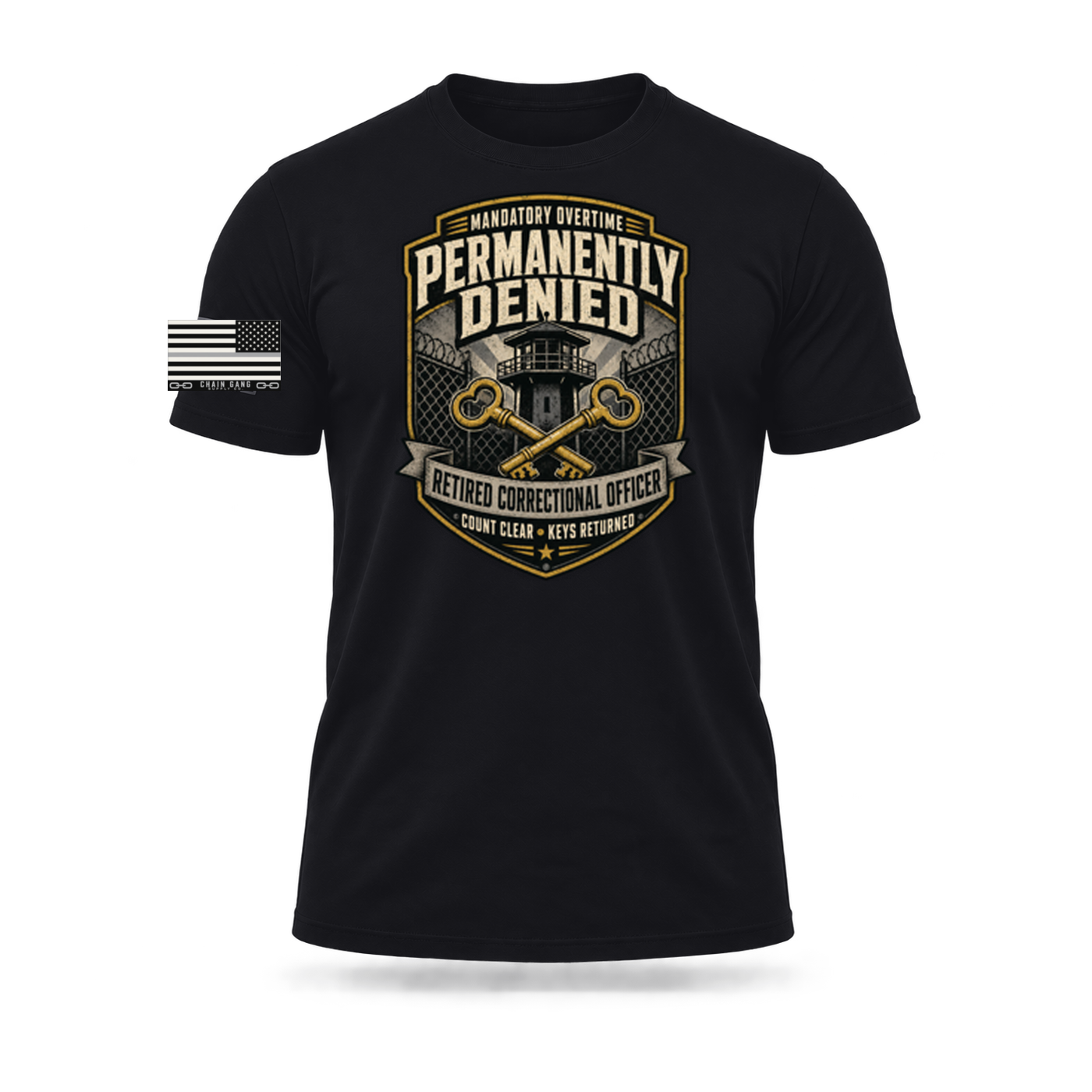 Dark Heather Mandatory Overtime Permanently Denied – Retired Correctional Officer Tee on a muscular ghost mannequin, front view