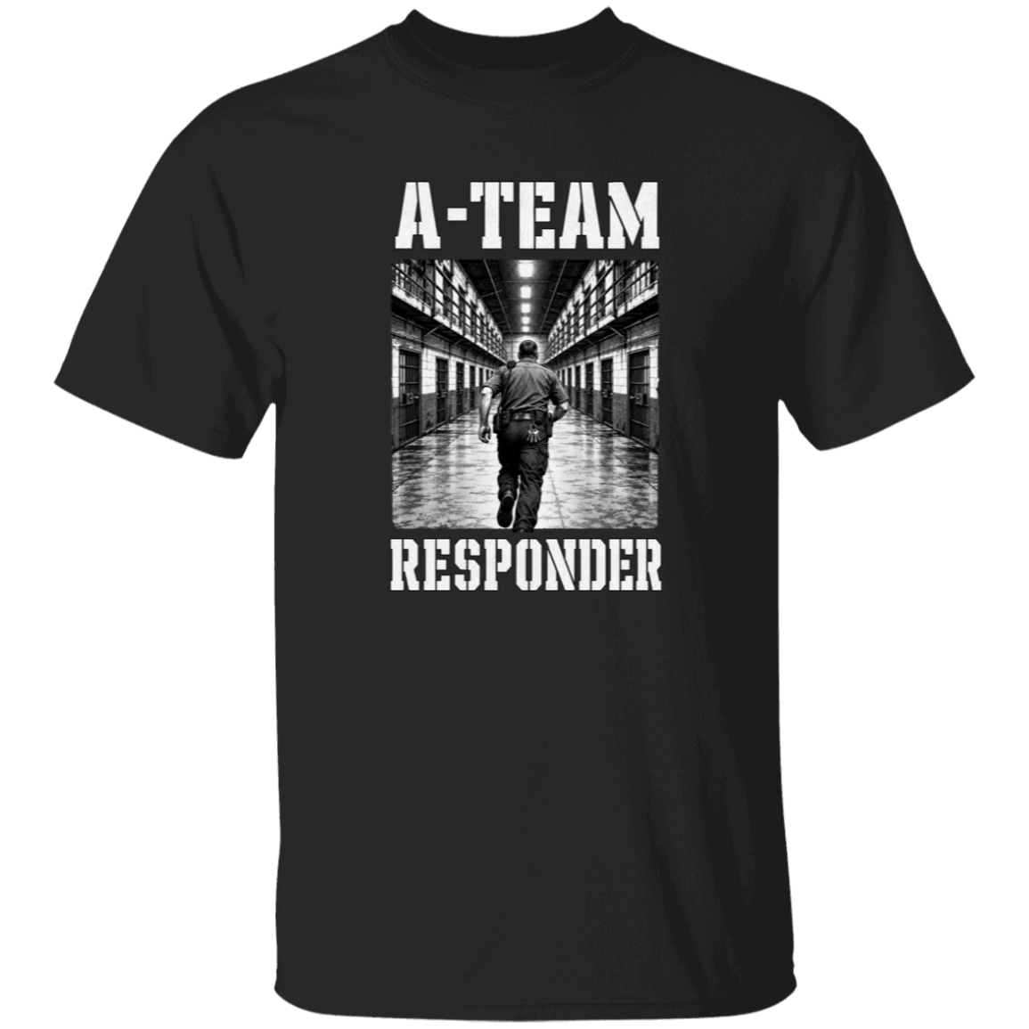 A-Team Responder correctional officer t-shirt, black, front view, officer running down a cell block