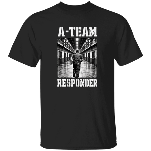 A-Team Responder correctional officer t-shirt, black, front view, officer running down a cell block