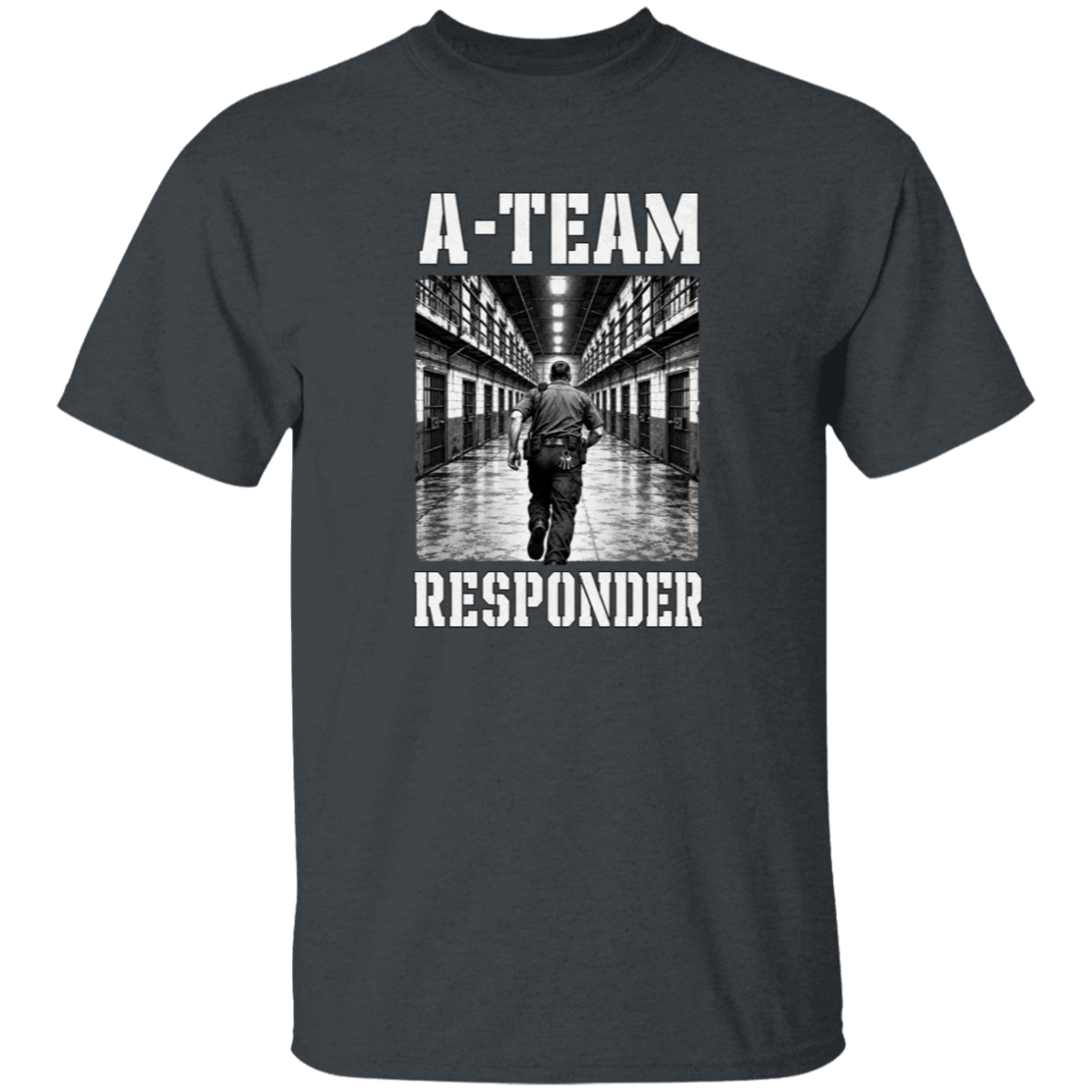 A-Team Responder correctional officer t-shirt, dark heather, front view, officer running down a cell block