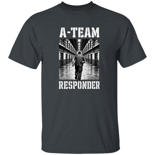 A-Team Responder correctional officer t-shirt, dark heather, front view, officer running down a cell block