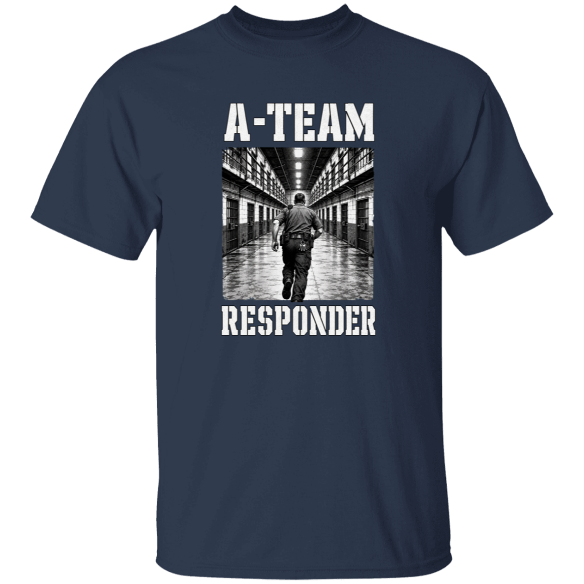 A-Team Responder correctional officer t-shirt, navy, front view, officer running down a cell block