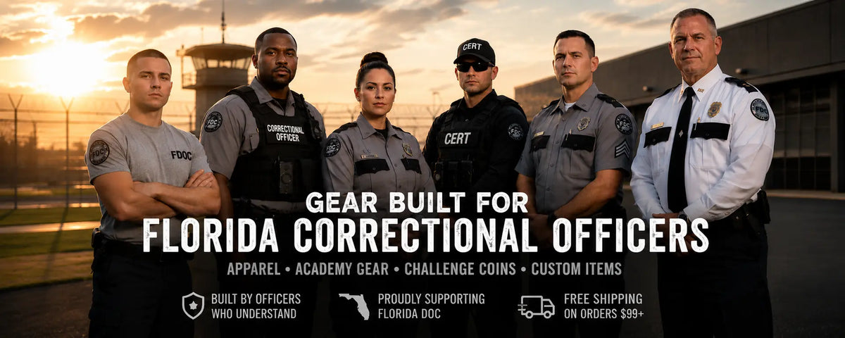 Six Florida correctional officers in uniform outside a correctional facility, representing gear built for Florida correctional officers.