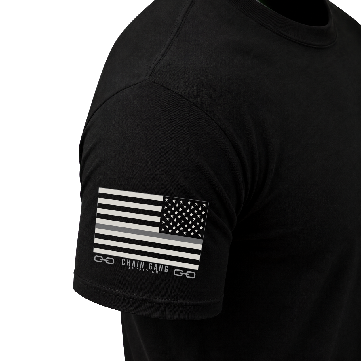 Chain Gang Thin Gray Line Flag on the right sleeve of a black shirt