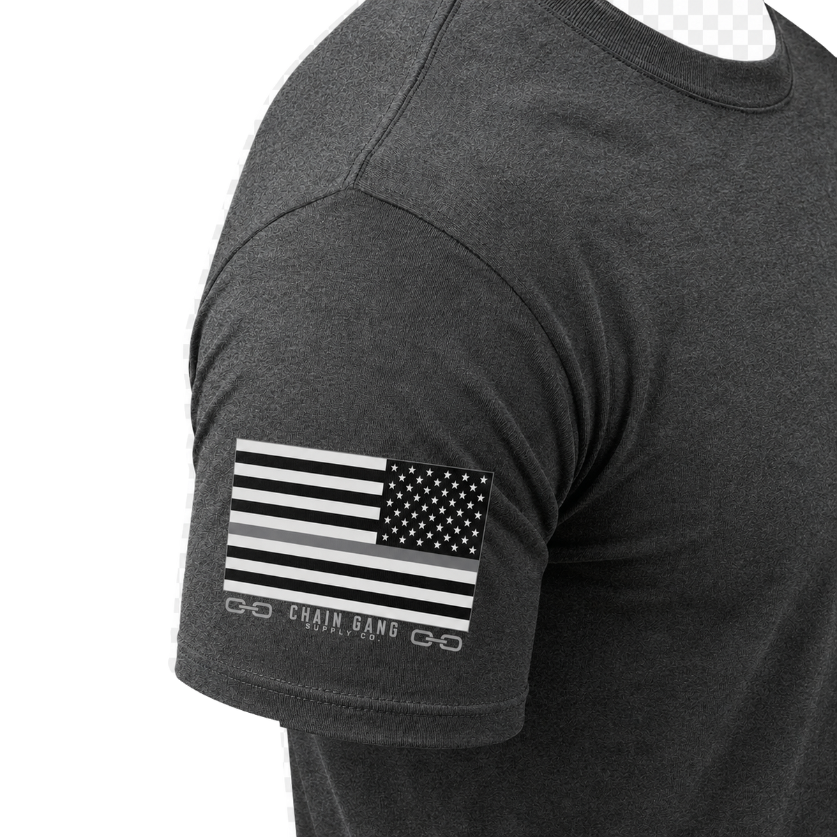 Chain Gang Thin Gray Line Flag on the right sleeve of a dark heather shirt
