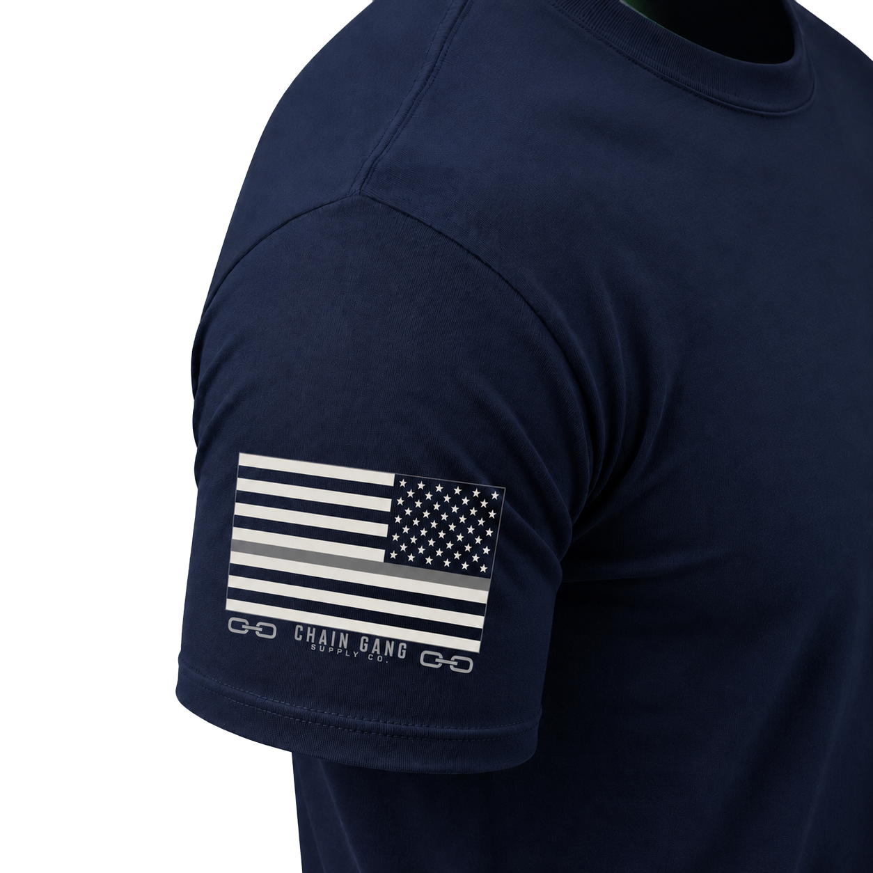 Chain Gang Thin Gray Line Flag on the right sleeve of a navy shirt
