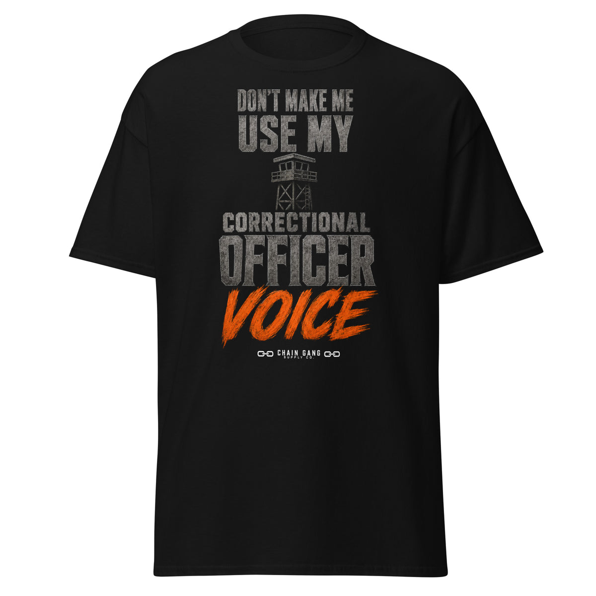 Correctional Officer Voice correctional officer t-shirt, black, front view