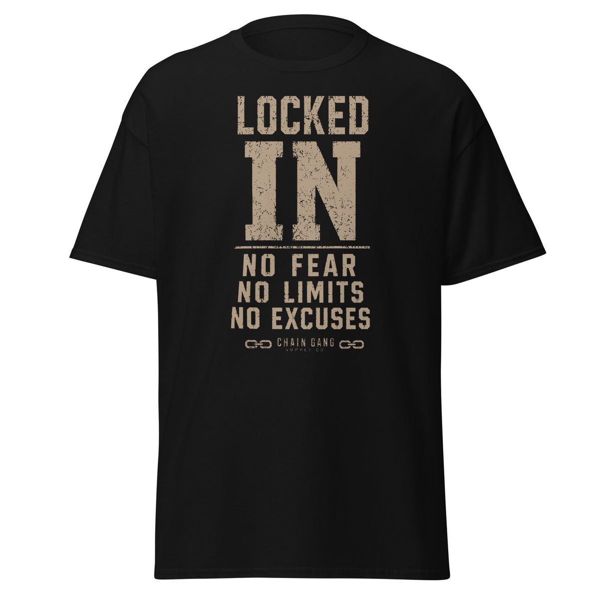 Locked In correctional officer t-shirt, black, front view