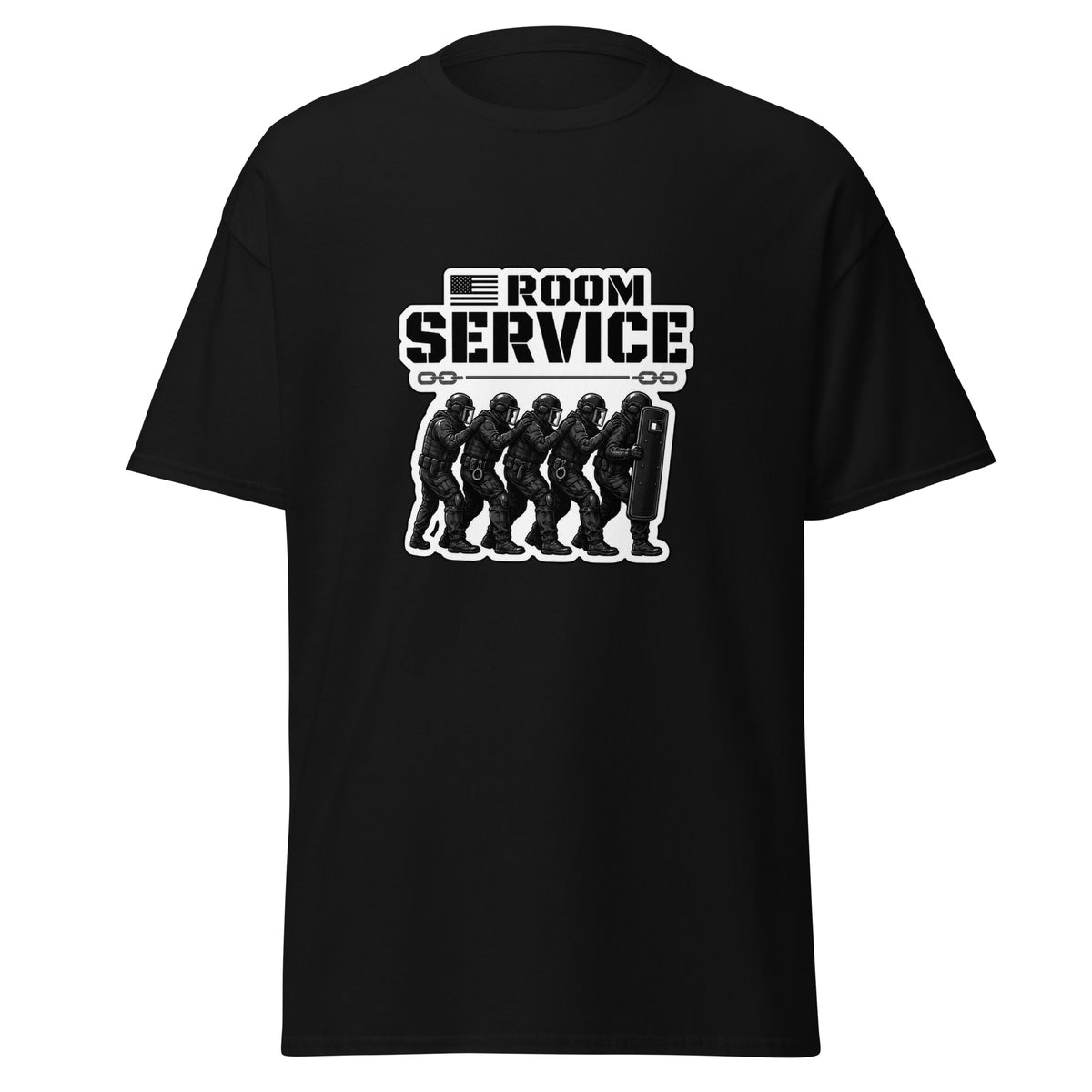 Room Service Cell Extraction correctional officer t-shirt, black, front view