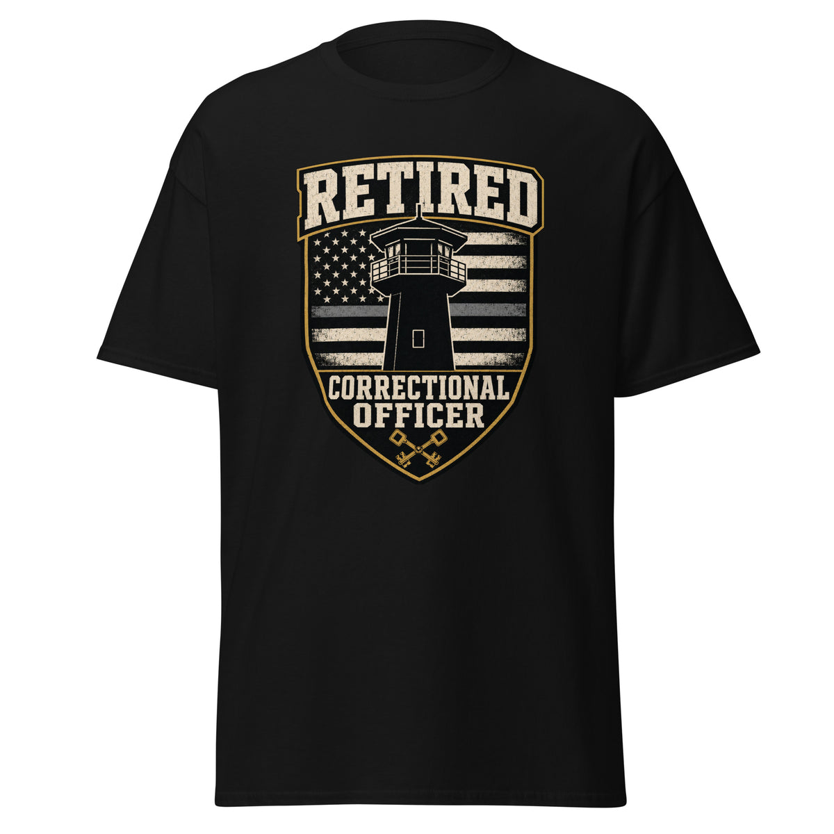 Retired Correctional Officer Thin Gray Line Watchtower correctional officer t-shirt, black, front view