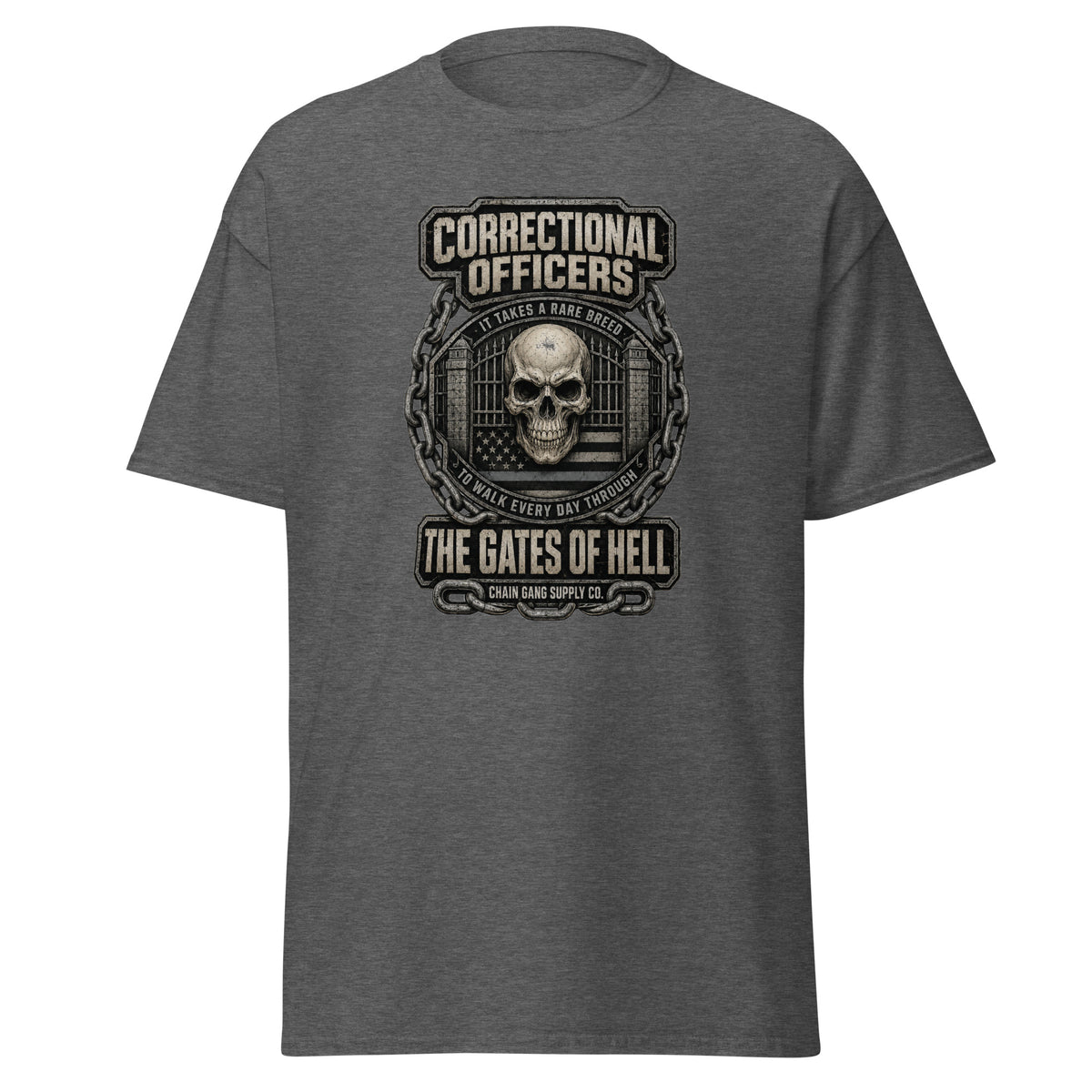 Rare Breed correctional officer t-shirt, dark heather, front view