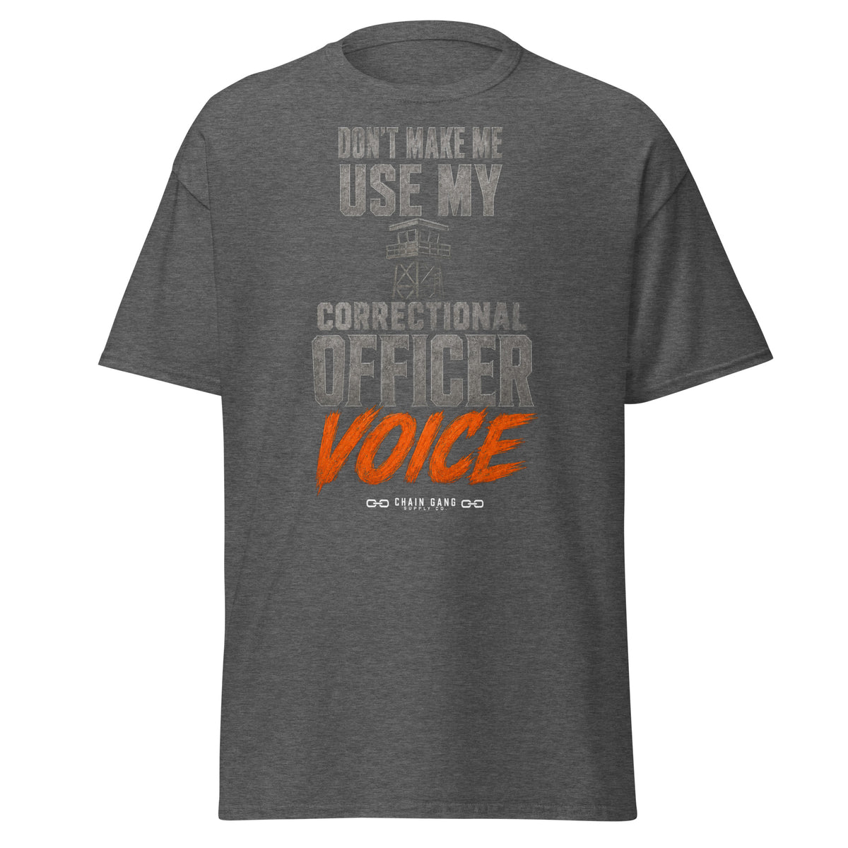 Correctional Officer Voice correctional officer t-shirt, dark heather, front view