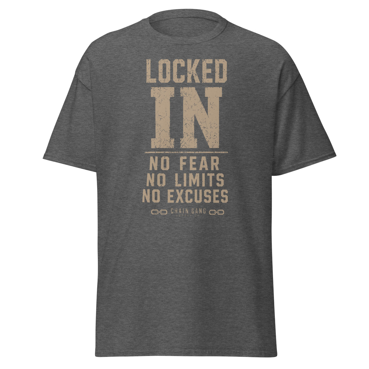 Locked In correctional officer t-shirt, dark heather, front view
