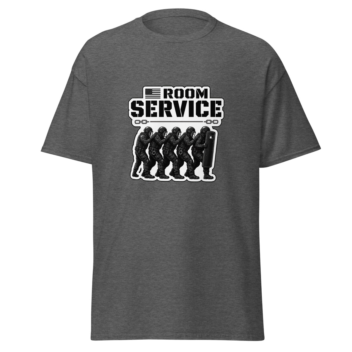 Room Service Cell Extraction correctional officer t-shirt, dark heather, front view