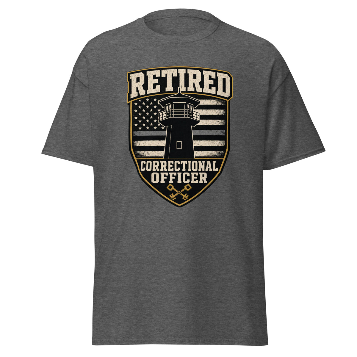 Retired Correctional Officer Thin Gray Line Watchtower correctional officer t-shirt, dark heather, front view