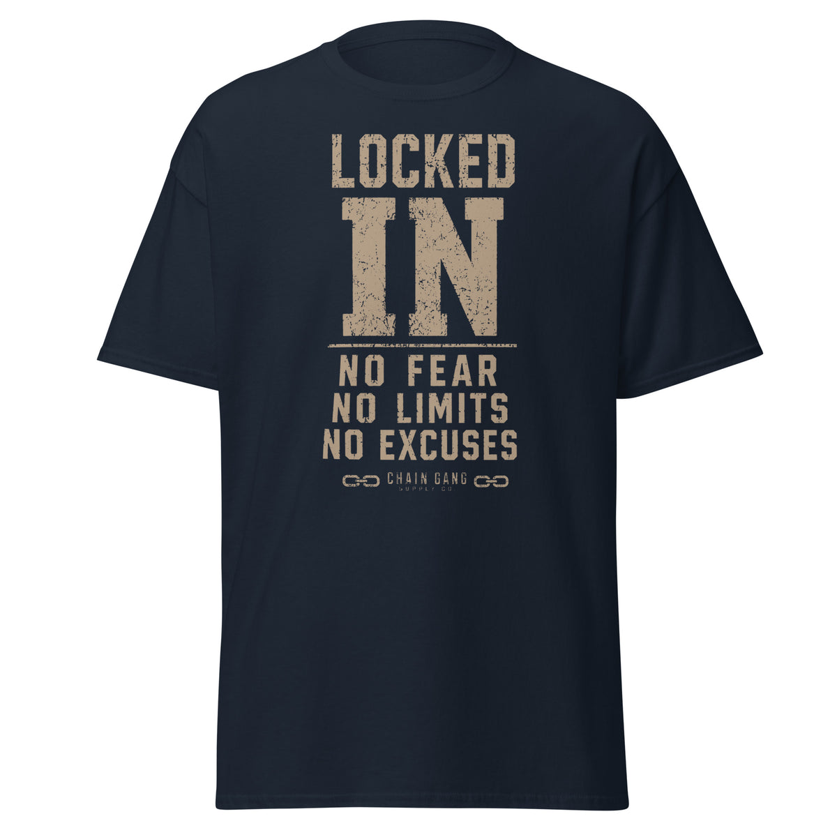 Locked In correctional officer t-shirt, navy, front view