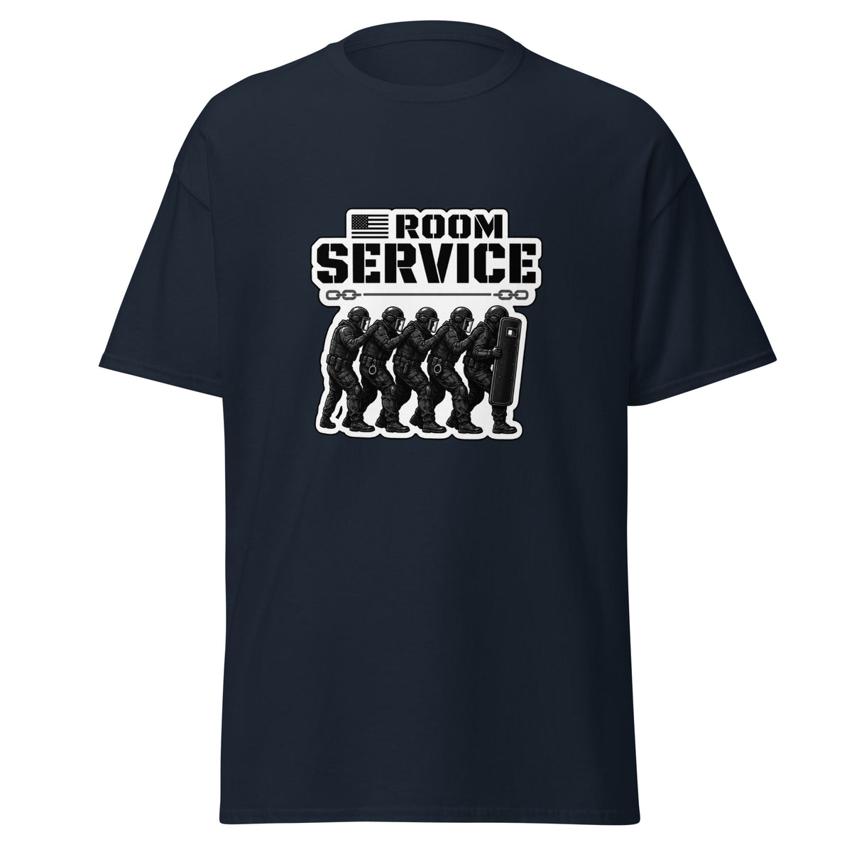 Room Service Cell Extraction correctional officer t-shirt, navy, front view
