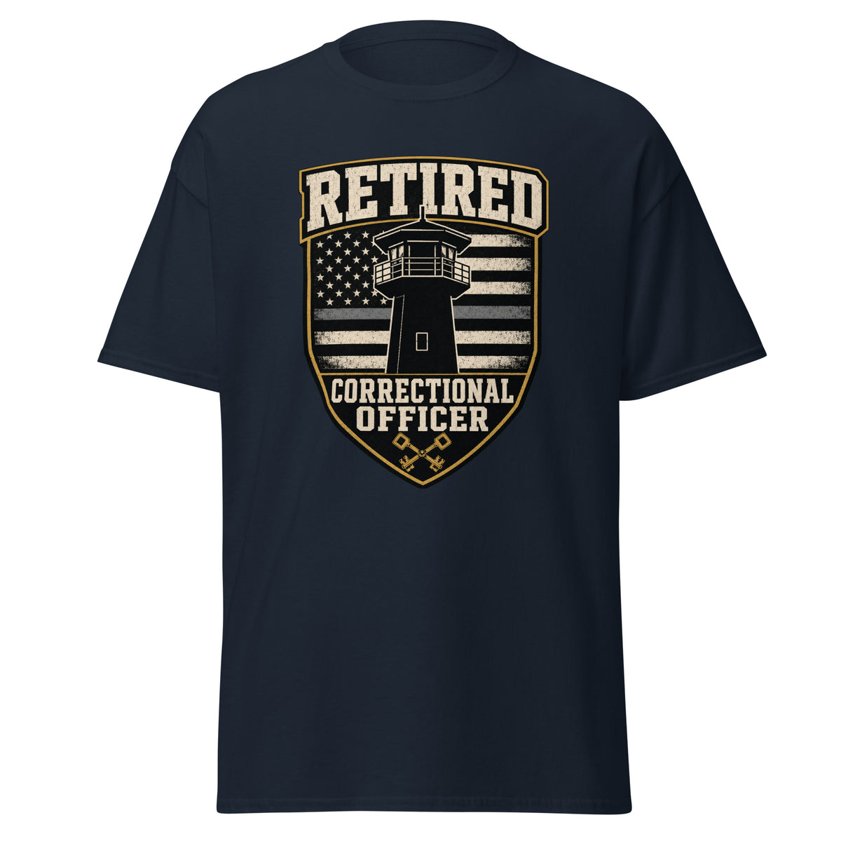 Retired Correctional Officer Thin Gray Line Watchtower correctional officer t-shirt, navy, front view